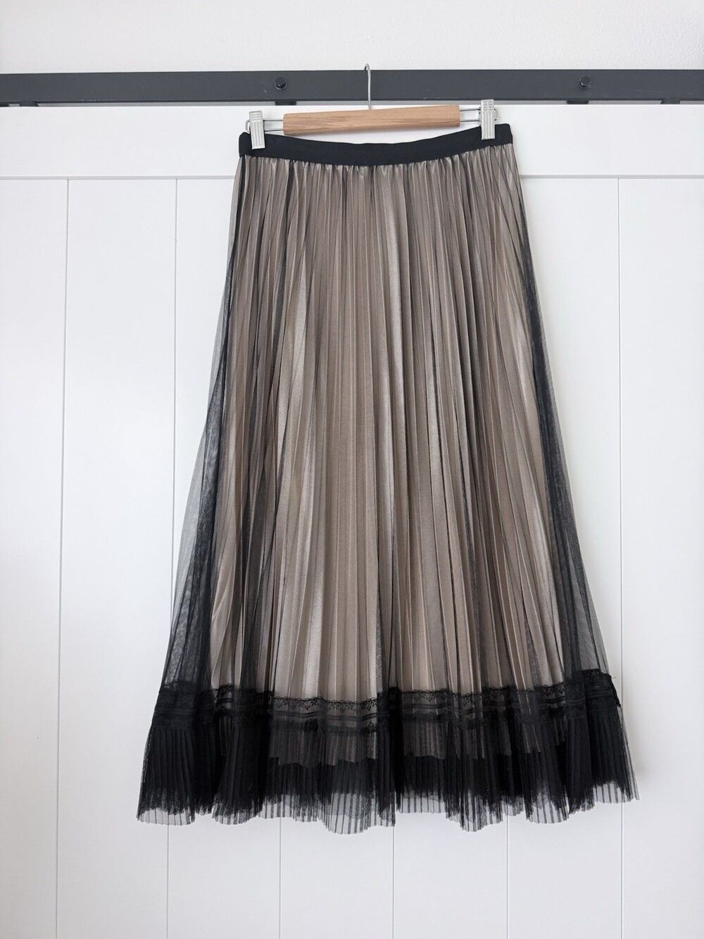Pleated Mesh Lace Midi Maxi Skirt Black Champagne Calligraphie M Boho Romantic - Picture 2 of 16